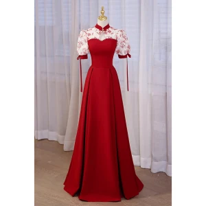 Style Chinois Bordeaux Perle Satin Cheongsam Robe De Soirée Robe De Bal 2023 Princesse Col Haut Manches Courtes Dos Nu Longue Soirée Robe De Bal Robe De Ceremonie