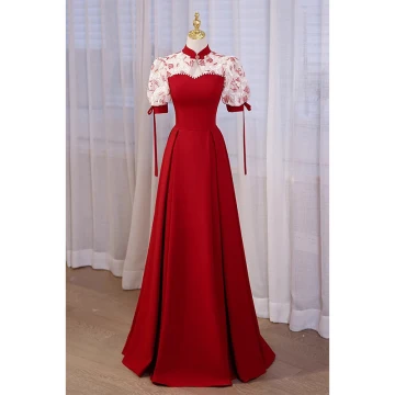 Kinesisk Stil Burgundy Pärla Satin Cheongsam Aftonklänningar Balklänningar 2023 Prinsessa Hög Hals Korta Ärm Halterneck Långa Afton Balklänningar Formella Klänningar