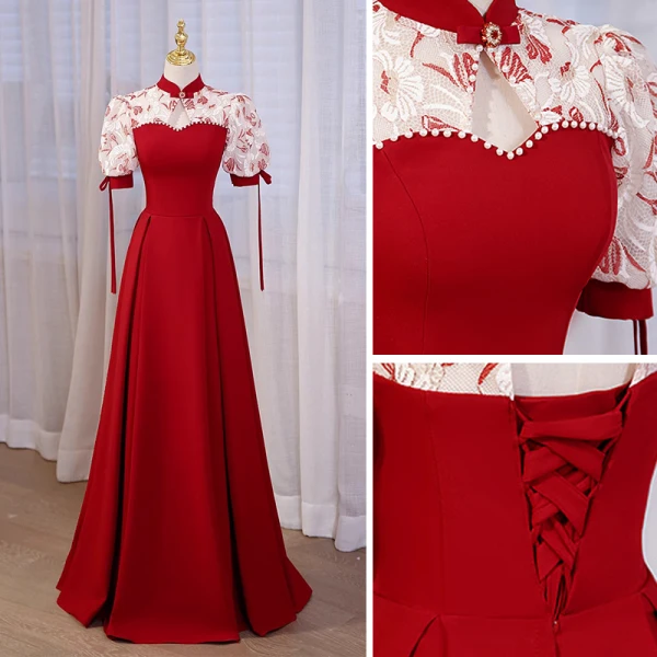 Chinese style Burgundy Pearl Satin Cheongsam Evening Dresses Prom Dresses 2023 A-Line / Princess High Neck Short Sleeve Backless Floor-Length / Long Evening Party Prom Dresses Formal Dresses