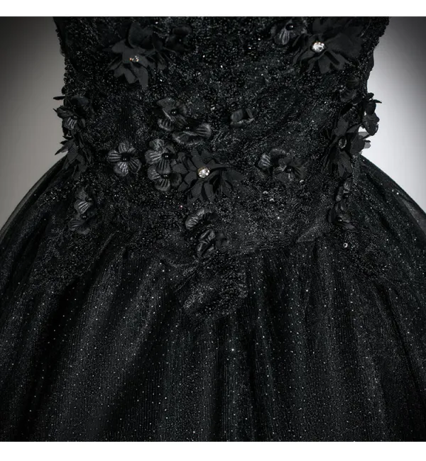Elegant Black Appliques Glitter Prom Dresses 2026 Ball Gown Off-The-Shoulder Short Sleeve Backless Floor-Length / Long Formal Dresses