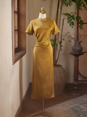 Vintage Retro Yellow Evening Party Cheongsam 2025 Trumpet Mermaid High Neck Short Sleeve Floor Length Long Cheongsam Qipao