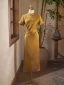 Vintage / Retro Yellow Evening Party Cheongsam 2025 Trumpet / Mermaid High Neck Short Sleeve Floor-Length / Long Cheongsam / Qipao