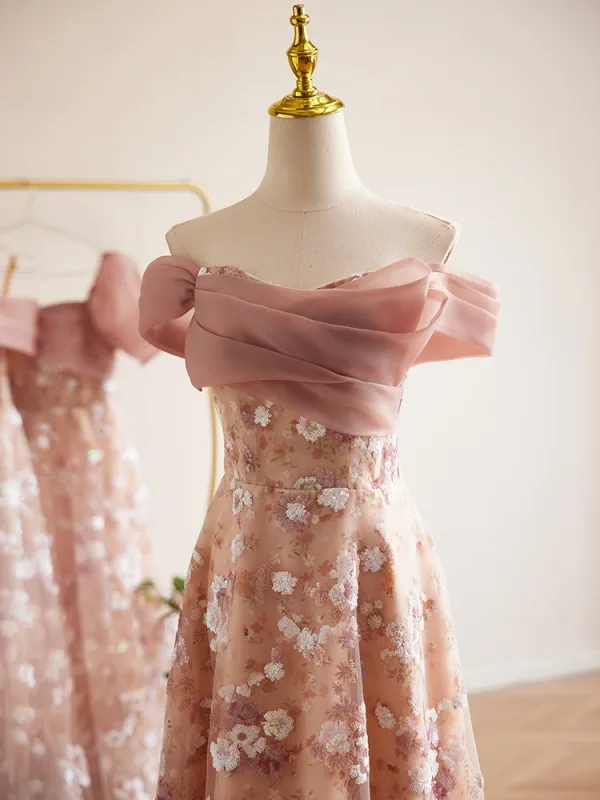 Schöne Rosa Pailletten Brautjungfernkleider 2024 A Linie Off Shoulder Kurze Ärmel Rückenfreies Lange