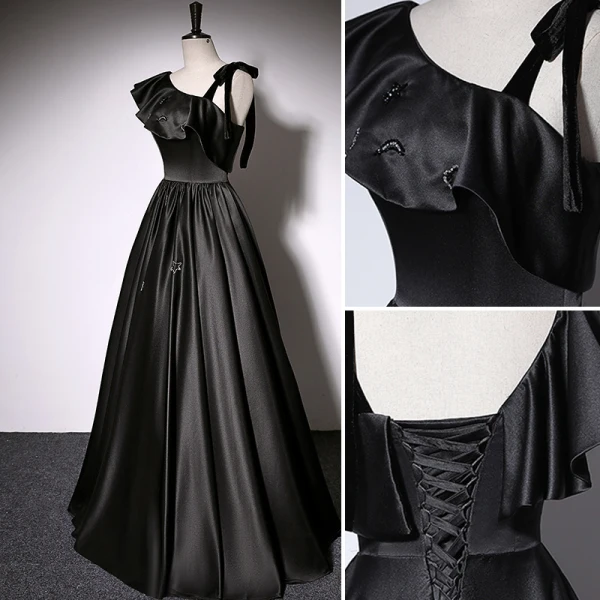 Mode Noire Satin Robe De Bal 2022 Princesse V-Cou Sans Manches Dos Nu Longue Robe De Ceremonie