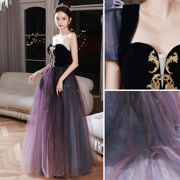Chic / Beautiful Gradient-Color Purple Glitter Prom Dresses 2022 A-Line / Princess Square Neckline Puffy Short Sleeve Backless Bow Floor-Length / Long Prom Formal Dresses