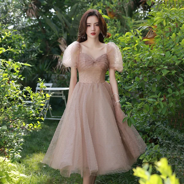 Chic / Belle Rougissant Rose Anniversaire Robe De Fête 2022 Princesse Encolure Carrée Gonflée Manches Courtes Dos Nu Longue Robe De Ceremonie