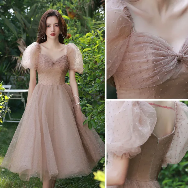 Chic / Belle Rougissant Rose Anniversaire Robe De Fête 2022 Princesse Encolure Carrée Gonflée Manches Courtes Dos Nu Longue Robe De Ceremonie