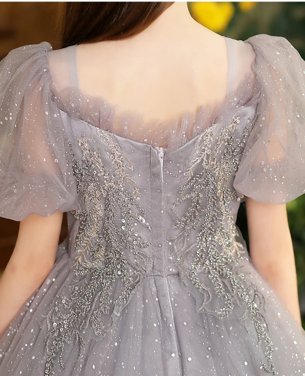 Bling Bling Grey Beading Sequins Birthday Flower Girl Dresses 2024 Ball Gown Square Neckline Puffy Short Sleeve Floor-Length / Long