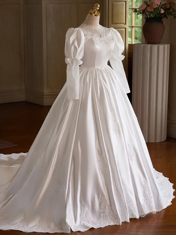 Vintage / Retro Medieval White Lace Flower Satin Wedding Dresses 2025 Ball Gown High Neck Long Sleeve Backless Court Train