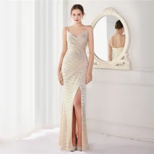Sexy Beige Sequins Evening Dresses 2022 Trumpet Mermaid Spaghetti Straps Sleeveless Backless Floor Length Long Evening Party Formal Dresses