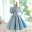 Chic / Beautiful Sky Blue Glitter Short Flower Girl Dresses 2022 A-Line / Princess Scoop Neck Pearl Short Sleeve Birthday Flower Girl Dresses