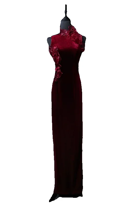 Vintage / Retro Burgundy Appliques Velvet Prom Dresses 2024 Trumpet / Mermaid High Neck Sleeveless Backless Floor-Length / Long Prom Formal Dresses