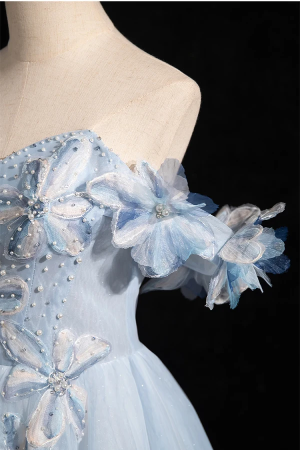 Chic / Beautiful Sky Blue Beading Appliques Prom Dresses 2024 A-Line / Princess Off-The-Shoulder Sleeveless Backless Floor-Length / Long Prom Formal Dresses