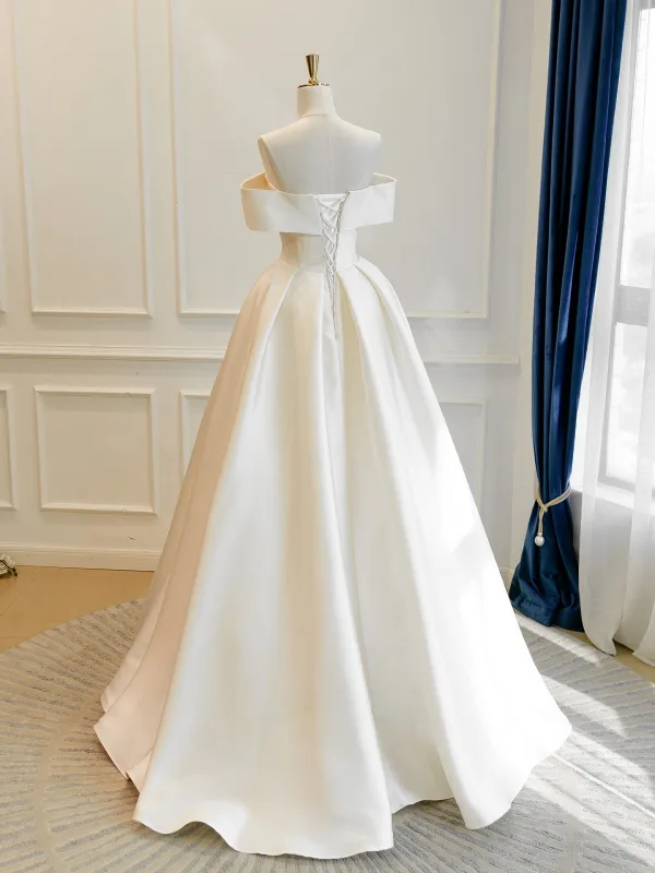 Vintage Weiß Spitze Blumen Satin Brautkleider / Hochzeitskleider 2026 Ballkleid Off Shoulder Kurze Ärmel Rückenfreies Lange