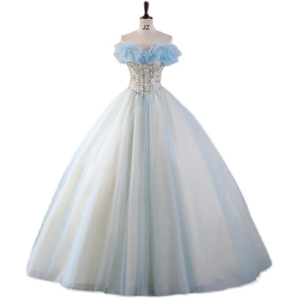 Modern / Fashion Sky Blue Glitter Beading Sequins Prom Dresses 2023 Ball Gown Strapless Sleeveless Backless Floor-Length / Long Prom Formal Dresses
