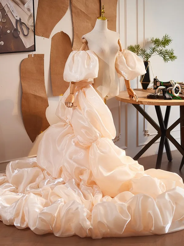 Fashion Champagne Handmade Cascading Ruffles Puffy Short Sleeve Prom shawl 2025 Tulle