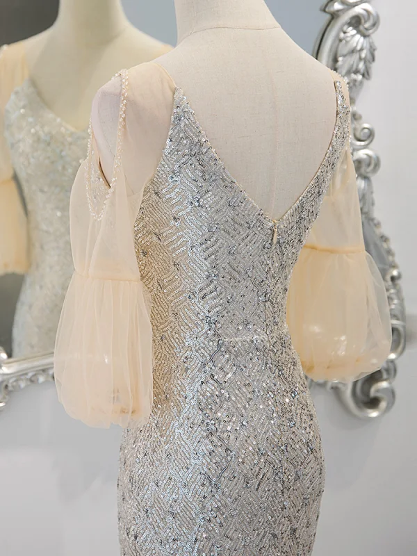 Sexy Silver Sequins Evening Dresses 2023 Trumpet / Mermaid V-Neck Short Sleeve Backless Floor-Length / Long Evening Party Formal Dresses