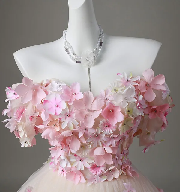 Blumenfee Rosa Perle Applikationen Ballkleider 2026 Ballkleid Off Shoulder Kurze Ärmel Rückenfreies Lange Festliche Kleider
