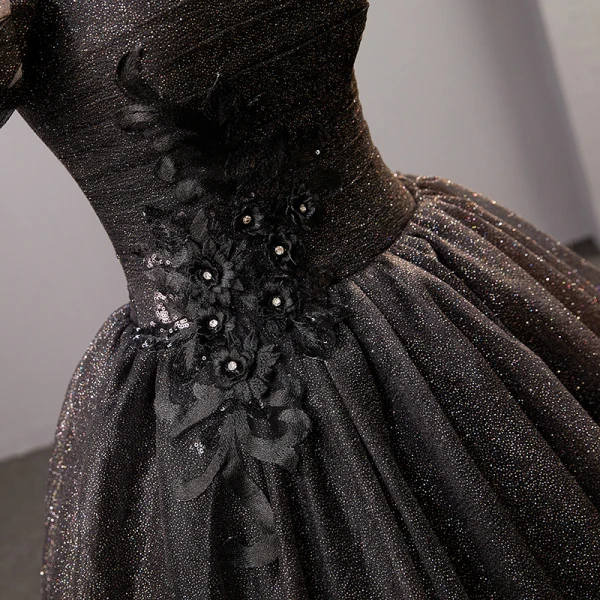 Vintage / Retro Black Rhinestone Sequins Lace Flower Prom Dresses 2023 Ball Gown Square Neckline Puffy Short Sleeve Backless Floor-Length / Long Prom Formal Dresses