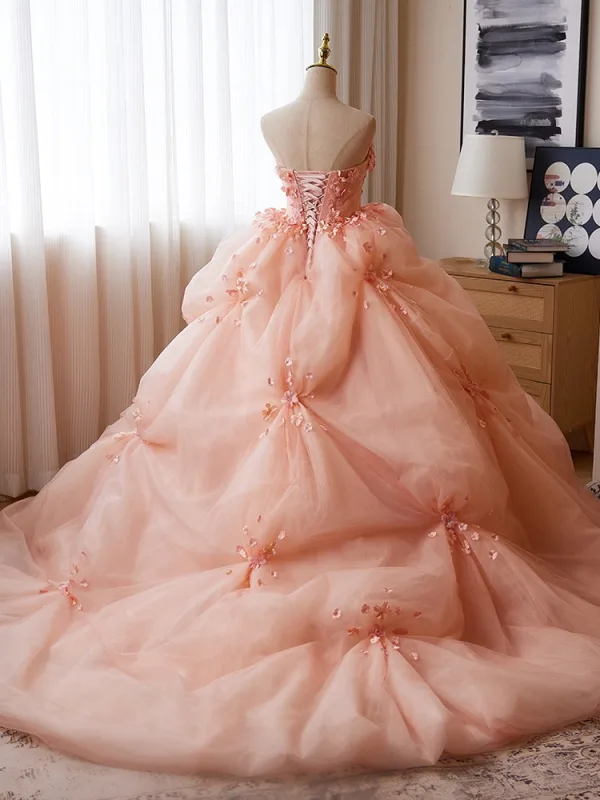 Flower Fairy Blushing Pink Pearl Appliques Prom Dresses 2024 Ball Gown Strapless Sleeveless Backless Court Train Prom Formal Dresses