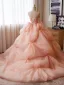 Flower Fairy Blushing Pink Pearl Appliques Prom Dresses 2024 Ball Gown Strapless Sleeveless Backless Court Train Prom Formal Dresses