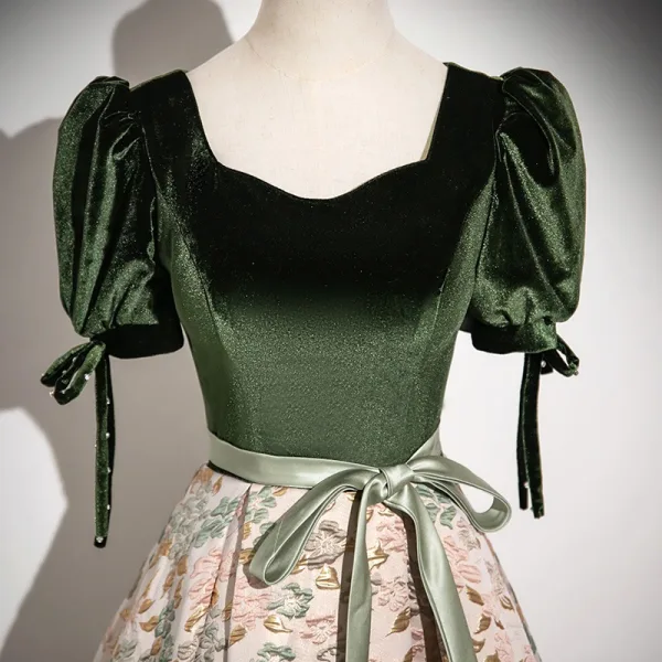 Elegant Sage Green Bow Sash Printing Prom Dresses 2025 A-Line / Princess Square Neckline Short Sleeve Backless Floor-Length / Long Formal Dresses