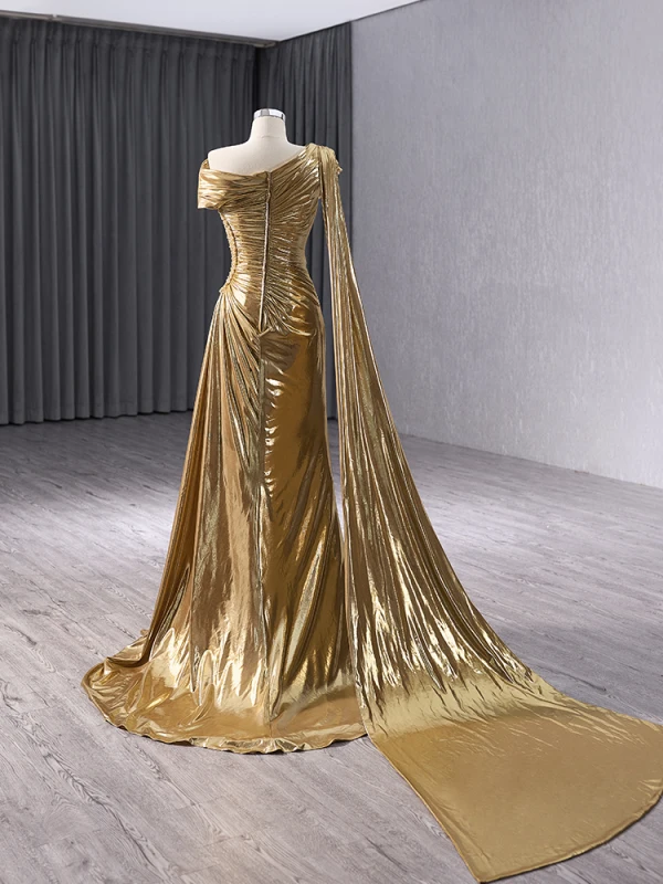 Fashion Gold Split Front Prom Dresses 2024 Trumpet Mermaid One-Shoulder Short Sleeve
