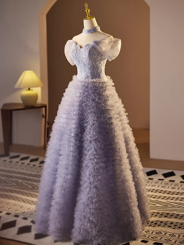 High-end Lavender Beading Pearl Sequins Ruffle Prom Dresses 2024 A-Line / Princess Off-The-Shoulder Short Sleeve Backless Floor-Length / Long Prom Formal Dresses