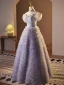 High-end Lavender Beading Pearl Sequins Ruffle Prom Dresses 2024 A-Line / Princess Off-The-Shoulder Short Sleeve Backless Floor-Length / Long Prom Formal Dresses