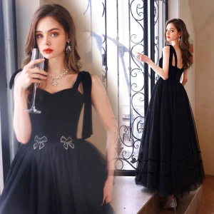 Chic Beautiful Black Rhinestone Bow Prom Dresses 2022 A Line Princess Spaghetti Straps Sleeveless Backless Floor Length Long Prom Formal Dresses