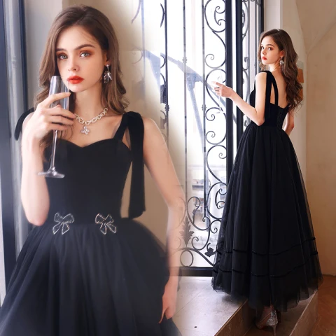 Chic / Beautiful Black Rhinestone Bow Prom Dresses 2022 A-Line / Princess Spaghetti Straps Sleeveless Backless Floor-Length / Long Prom Formal Dresses