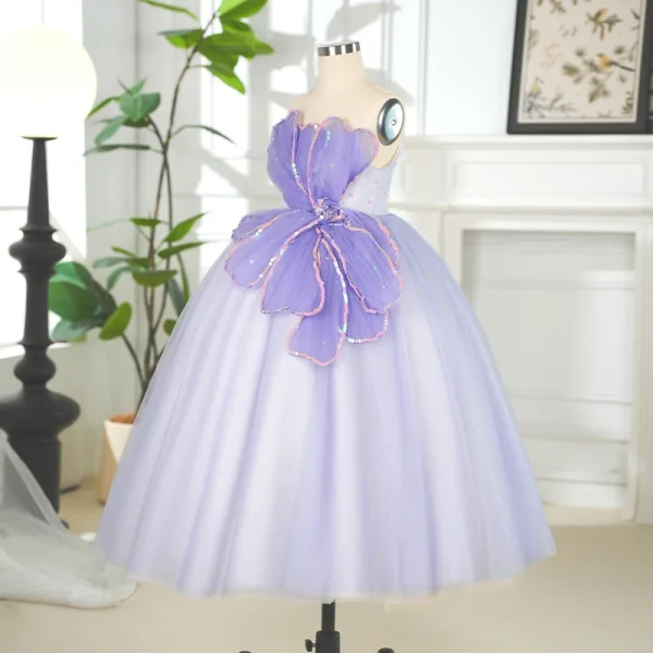 Chic / Beautiful Lavender Sequins Birthday Flower Girl Dresses 2025 Ball Gown Strapless Sleeveless Backless Floor-Length / Long Flower Girl Dresses