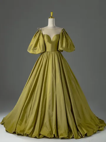 Vintage Originale Simple Armée Verte Robe De Bal 2026 Robe Boule Encolure Dégagée Gonflée Manches Courtes Dos Nu Longue Robe De Ceremonie