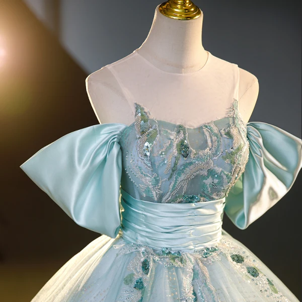 Elegant Sky Blue Beading Sequins Prom Dresses 2023 Ball Gown Scoop Neck Short Sleeve Backless Bow Floor-Length / Long Prom Formal Dresses