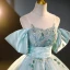 Elegant Sky Blue Beading Sequins Prom Dresses 2023 Ball Gown Scoop Neck Short Sleeve Backless Bow Floor-Length / Long Prom Formal Dresses