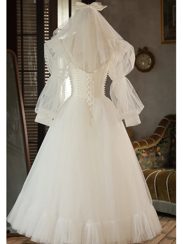 Elegant Ivory Pearl Wedding Dresses 2023 A-Line / Princess High Neck 3/4 Sleeve Backless Floor-Length / Long Wedding