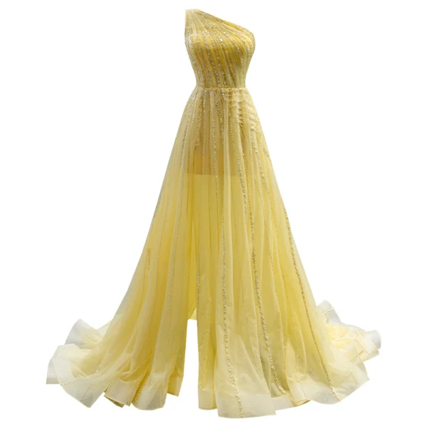 Chic / Beautiful Yellow Summer Sequins Prom Dresses 2022 A-Line / Princess One-Shoulder Sleeveless Backless Split Front Sweep Train Formal Dresses