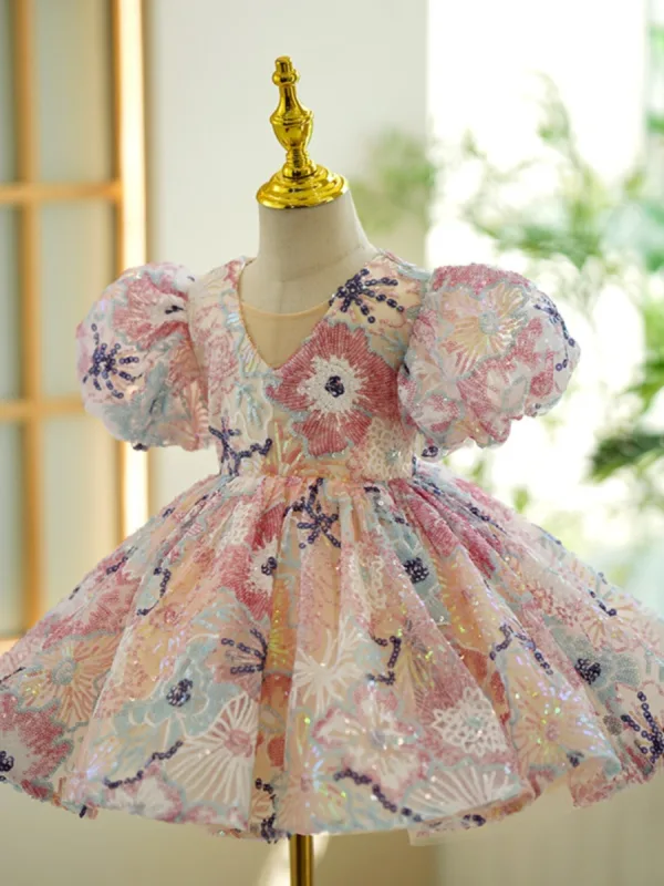 Chic / Beautiful Multi-Colors Sequins Short Birthday Flower Girl Dresses 2023 Ball Gown V-Neck Puffy Short Sleeve