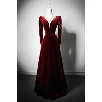 Vintage Originale Perlage Bordeaux Velours Hiver Robe De Bal 2024 Princesse V Cou Manches Longues Longue Promo Robe De Ceremonie