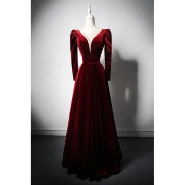 Vintage Originale Perlage Bordeaux Velours Hiver Robe De Bal 2024 Princesse V Cou Manches Longues Longue Promo Robe De Ceremonie