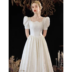 Vintage Retro Ivory Satin Homecoming Graduation Dresses Prom Dresses 2023 A Line Princess Square Neckline Pearl Short Sleeve Backless Floor Length Long Formal Dresses