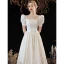 Vintage / Retro Ivory Satin Homecoming Graduation Dresses Prom Dresses 2023 A-Line / Princess Square Neckline Pearl Short Sleeve Backless Floor-Length / Long Formal Dresses