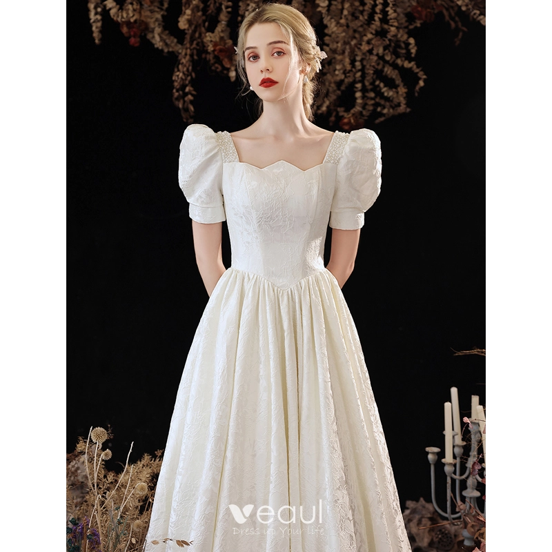 Vintage / Retro Ivory Satin Homecoming Graduation Dresses Prom Dresses 2023 A-Line / Princess Square Neckline Pearl Short Sleeve Backless Floor-Length / Long Formal Dresses Vintage / Retro Ivory Satin Homecoming Graduation Dresses Prom Dresses 2023 A-Line / Princess Square Neckline Pearl Short Sleeve Backless Floor-Length / Long Formal Dresses