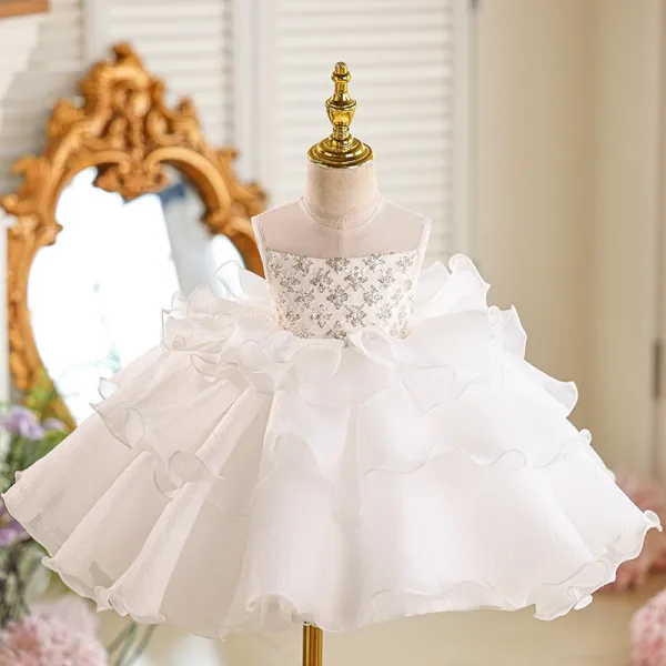 Voluminous Champagne Beading Sequins Cascading Ruffles Birthday Short Flower Girl Dresses 2026 Ball Gown Scoop Neck Sleeveless Backless