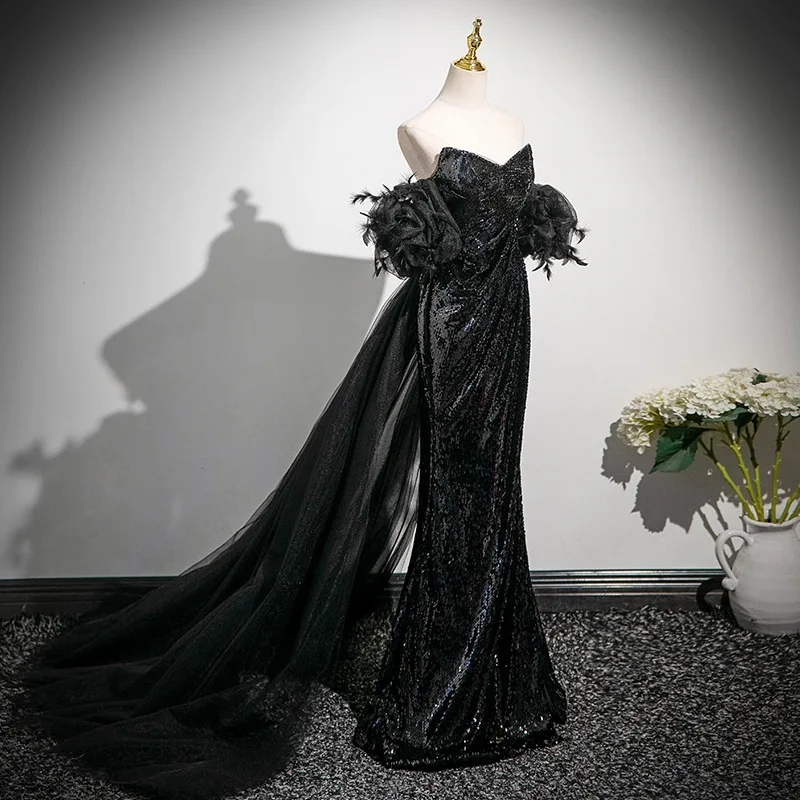 Sparkly Black Tassel Sequins Split Front Evening Dresses 2025 Trumpet  Mermaid Off The Shoulder Short Sleeve Backless Sweep Train Formal Dresses