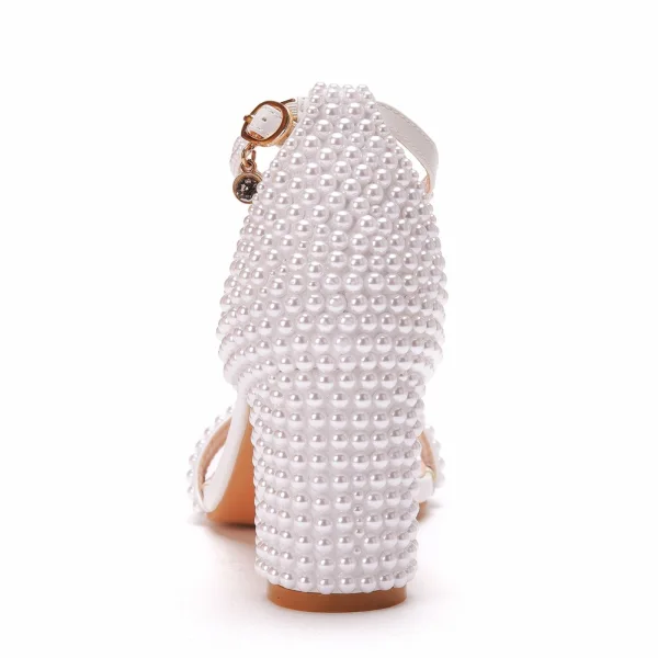 Sexy Beige Perle Chaussure De Mariée 2022 7 cm Talons Épais Peep Toes / Bout Ouvert Mariage Sandales Talons Hauts
