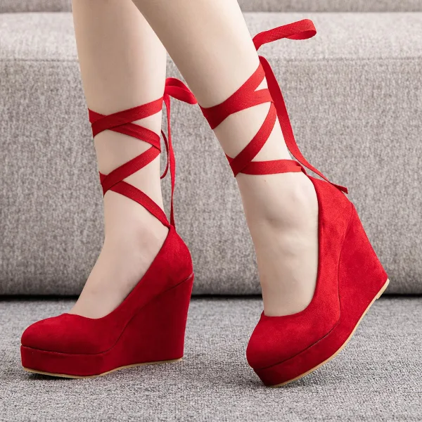 Romain Rouge Daim Soirée Chaussures Femmes 2023 Bride Cheville 11 cm Compensées À Bout Rond Chaussures Femmes