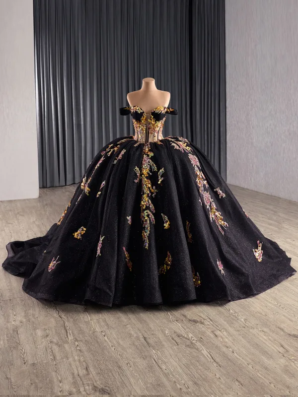 Haut de Gamme Noire Fait main Perlage Paillettes Quinceañera Robe De Bal 2025 Robe Boule De l'épaule 1/2 Manches Dos Nu Tribunal Train Robe De Ceremonie