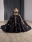 Haut de Gamme Noire Fait main Perlage Paillettes Quinceañera Robe De Bal 2025 Robe Boule De l'épaule 1/2 Manches Dos Nu Tribunal Train Robe De Ceremonie