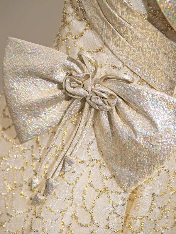 Fashion Champagne Glitter Sequins Bow Prom Dresses 2025 A-Line / Princess Strapless Sleeveless Backless Floor-Length / Long Prom Formal Dresses